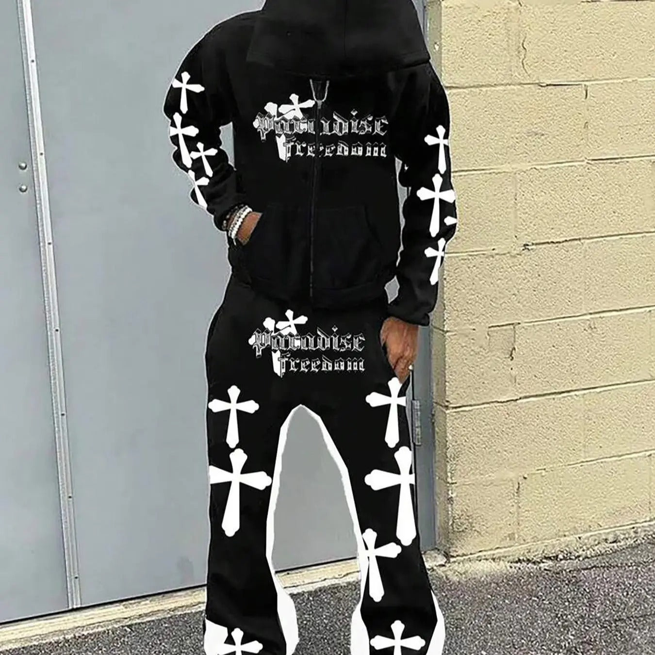 Men's Cross Print Drop Shoulder Zip Up Hoodie & Drawstring Waist Sweatpants Two-piece Set, Regular Fit Casual Fashion Cozy Breathable Two Piece Outfits for Daily Wear, Men's Clothes for Fall & Winter