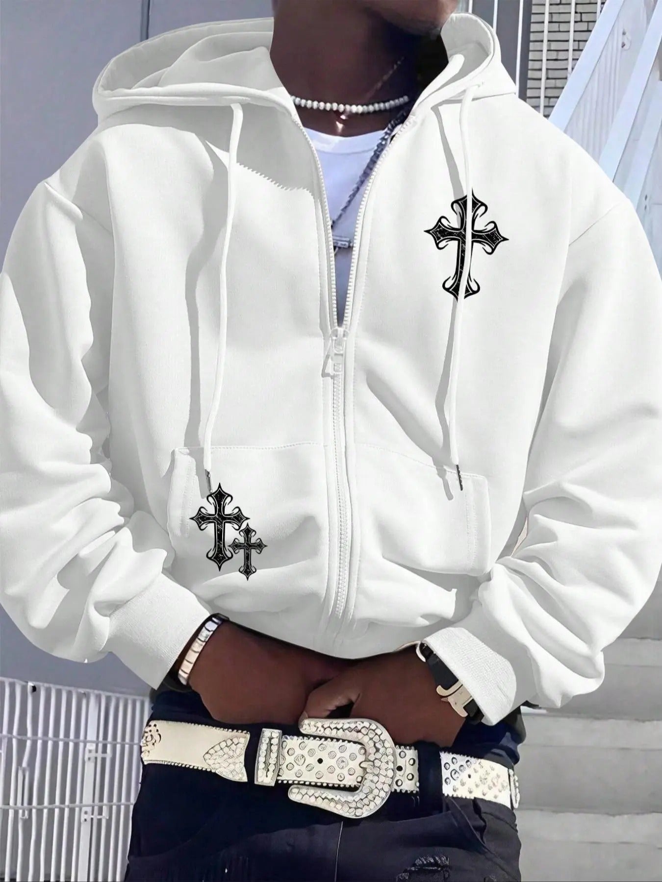 Men's Cross Print Drop Shoulder Zip Up Hoodie, Fashion Casual Regular Fit Drawstring Pocket Hooded Sweatshirt for Daily Holiday Outdoor Wear, Men Clothes for Spring & Fall