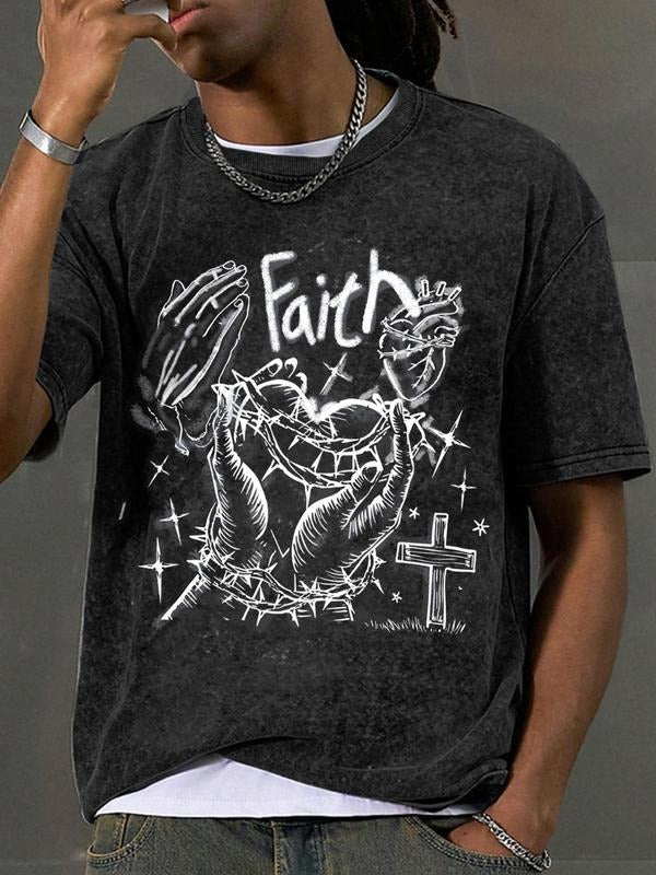 Men's Faith Cross Print Wash Distressed Tee, Regular Fit Casual Fashion Short Sleeve T-shirt for Summer, Men's Top for Daily Wear, Tropical, Cotton