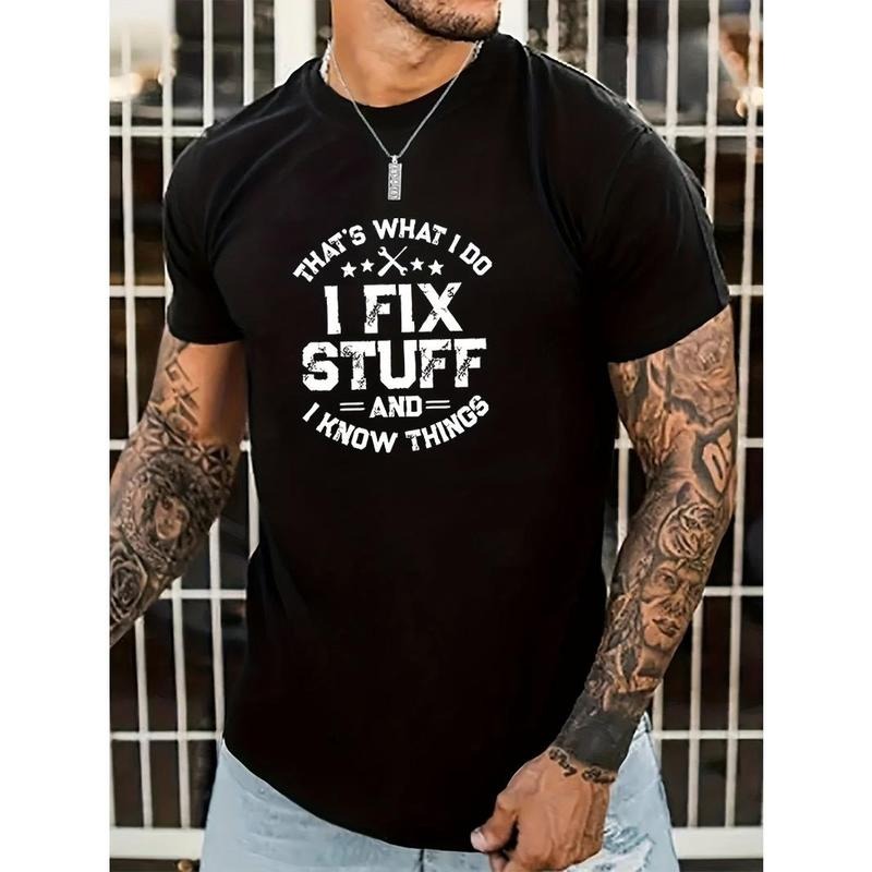 Men's Fashionable Summer Short Sleeve Sports T-Shirt - Comfortable, Versatile, Crew Neck Design with I FIX STUFF Print - Perfect for Outdoor Activities and Casual Wear Made in USA