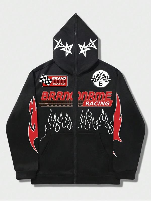 Men's Fire & Letter Print Pocket Zip Up Hoodie, Regular Fit Casual Long Sleeve Hooded Sweatshirt for Daily Holiday Outdoor Wear, Men Clothes for Fall & Winter