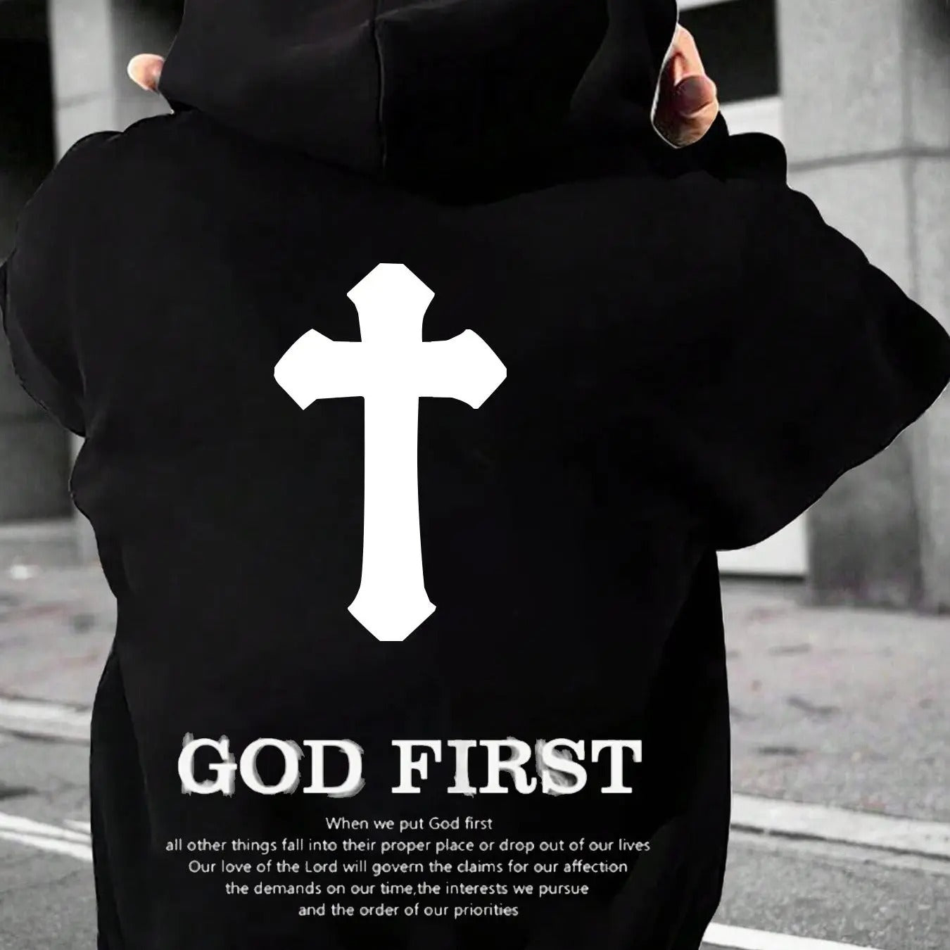 Men's God First Letter Print Drop Shoulder Hoodie, Fashion Casual Regular Fit Drawstring Pocket Hooded Sweatshirt for Daily Holiday Outdoor Wear, Men Clothes for Fall & Winter