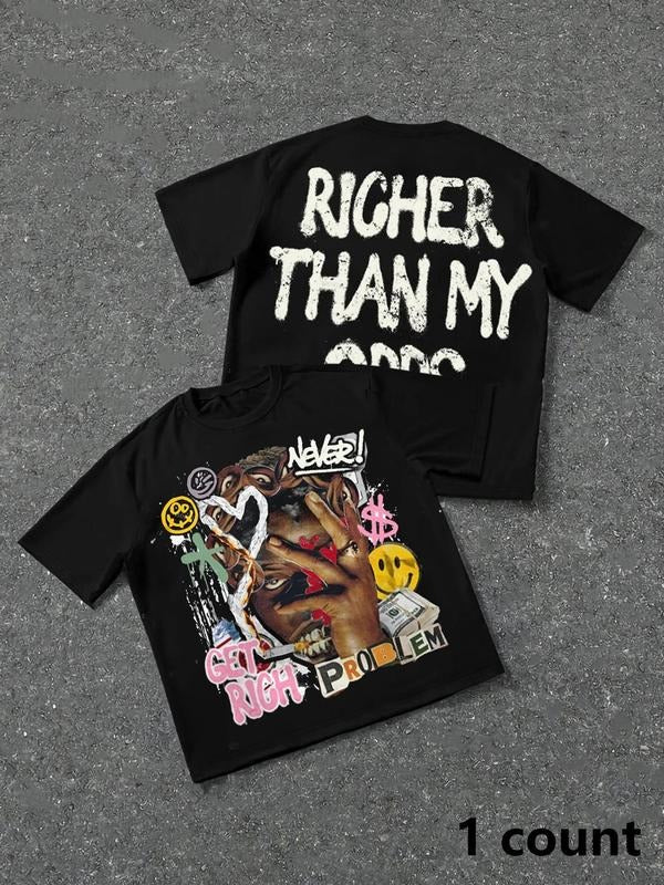 Men's Graphic & Letter Print Regular Fit Round Neck T-shirt, Streetwear Casual Preppy Crewneck Top for Summer, Summer Clothes for Outing