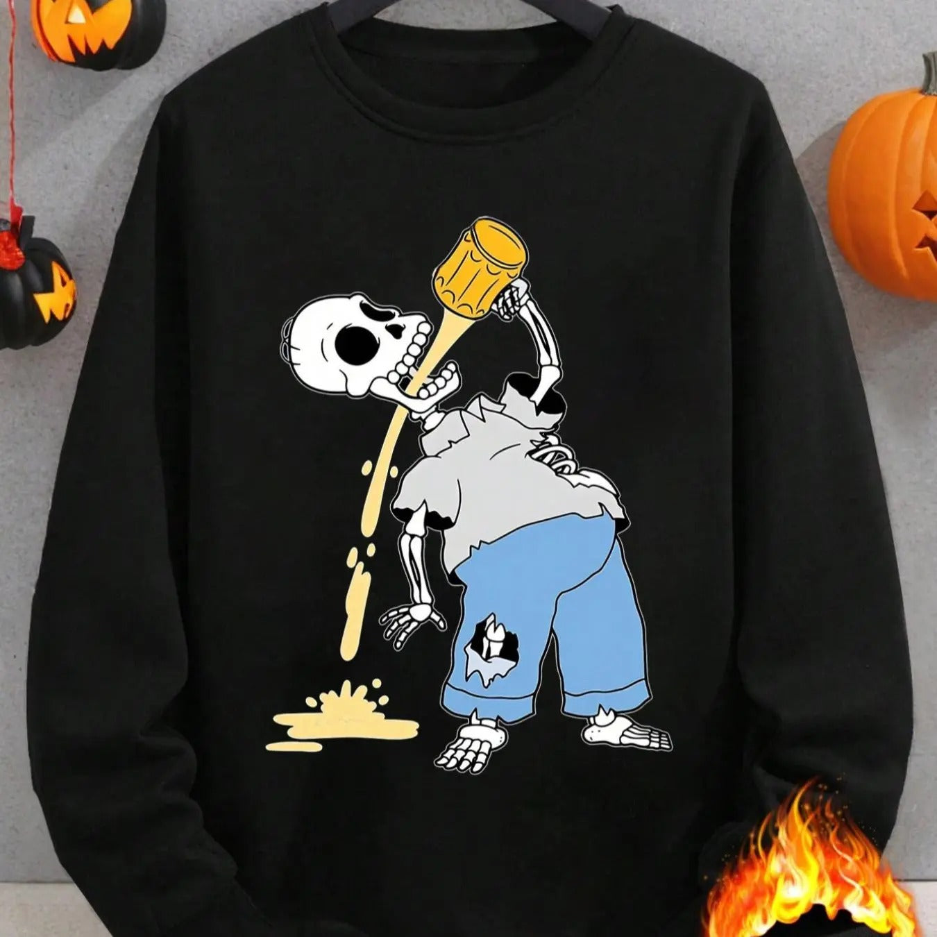 Men's Halloween Skeleton Print Thermal Lined Sweatshirt, Regular Fit Casual Long Sleeve Round Neck Pullover for Daily Wear, Men's Top for Fall & Winter