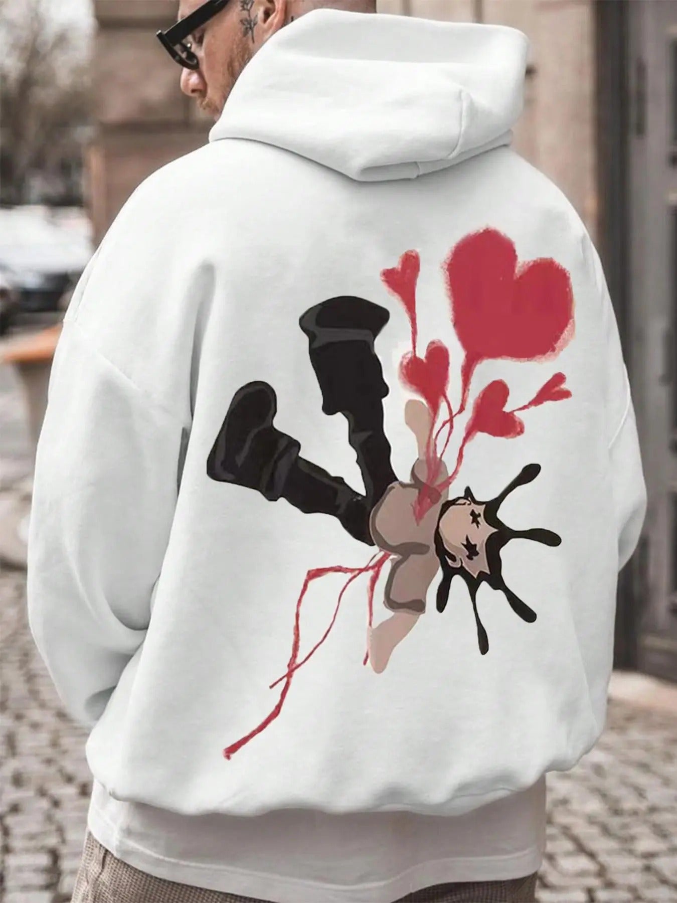 Men's Heart & Figure Print Drop Shoulder Hoodie, Regular Fit Fashion Casual Drawstring Pocket Hooded Sweatshirt for Daily Holiday Outdoor Wear, Men Clothes for Fall & Winter