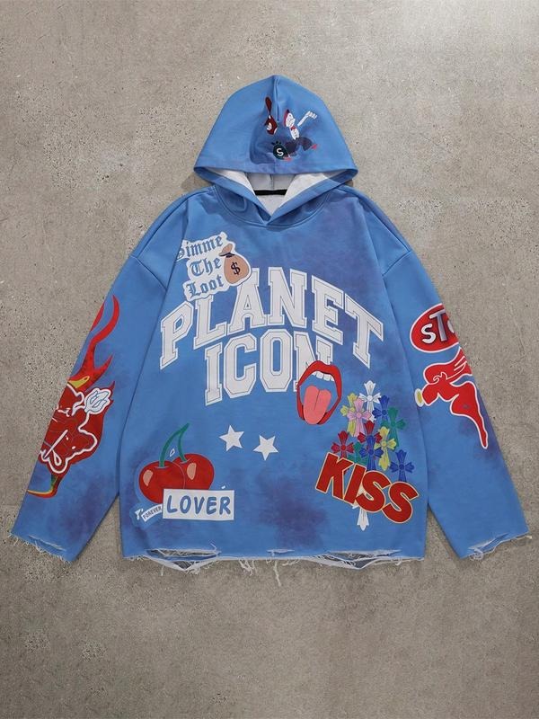 Men's Heart & Letter Print Graphic Hoodie, Regular Fit Casual Fashion Long Sleeve Hooded Sweatshirt for Daily Holiday Outdoor Wear, Men Clothes for Spring & Fall