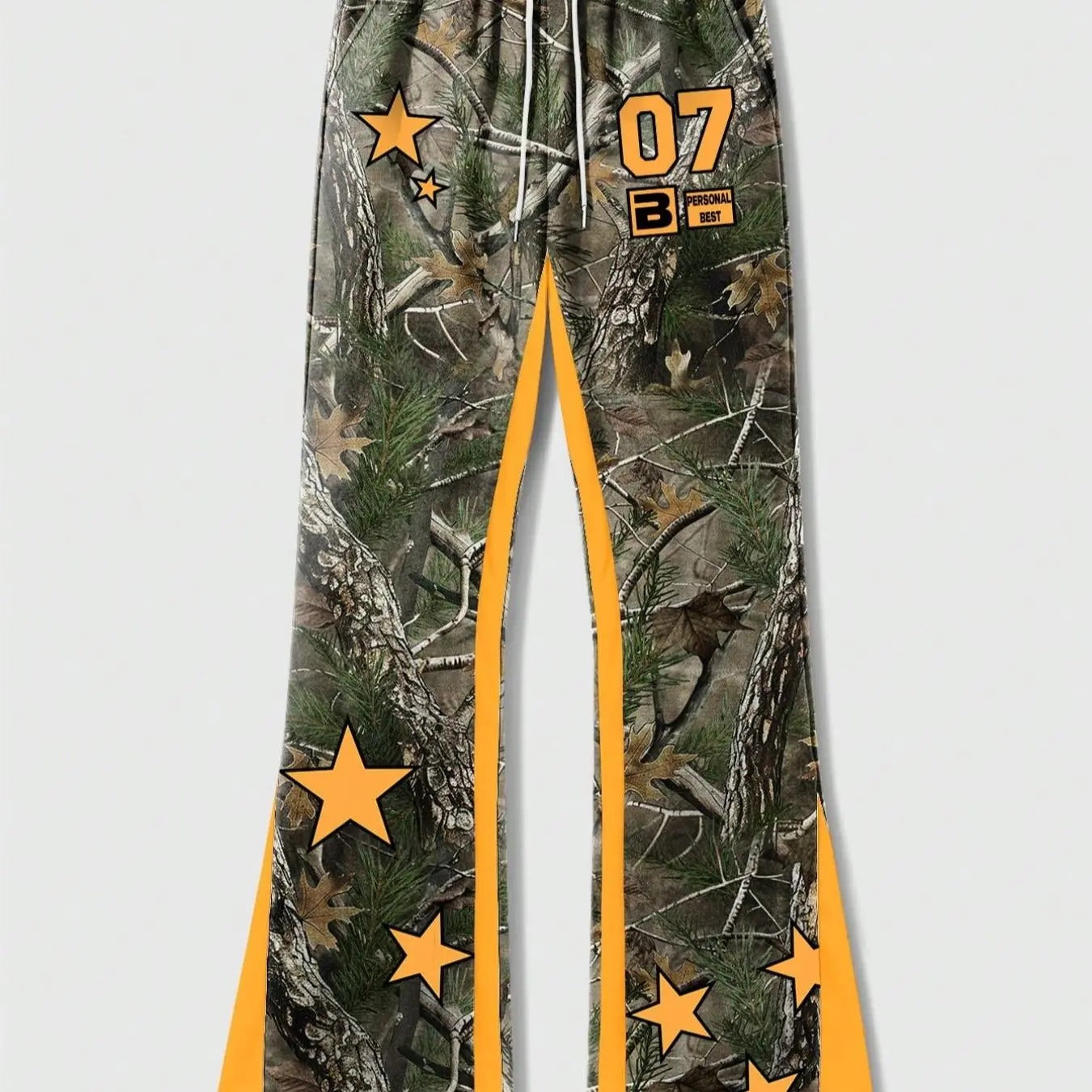 Men's Letter & Plants & Figure Print Pocket Drawstring Waist Flare Leg Pants, Street Fashion Casual Regular Fit Letter Graphic Trousers for Daily Wear, Menswear for Summer