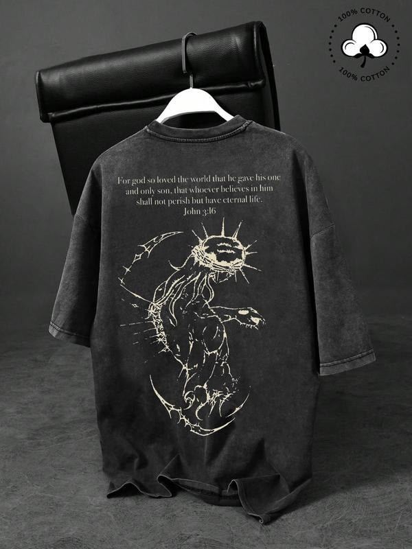 Men's Letter & Sun Print Wash Denim-Effect Short Sleeve Graphic Tee, Regular Fit Casual Fashion Round Neck T-shirt for Summer, Men's Top for Daily Wear, Cotton