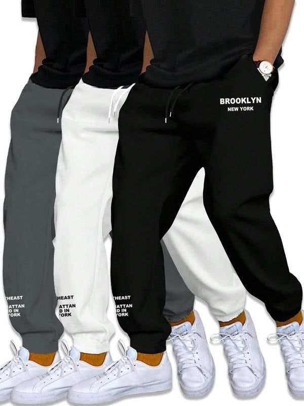 Men's Letter Print Drawstring Waist Pants, Casual Regular Fit Pocket Jogger Pants for Fall & Winter, Men's Trousers for Daily Wear