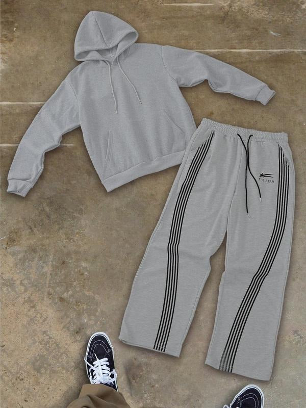 Men's Letter Print Drop Shoulder Sweatshirt & Side Stripe Sweatpants Two-Piece Set, Casual Fashion Cozy Regular Fit Two Piece Outfits for Daily Outdoor Wear, Men's Clothes for Fall & Winter