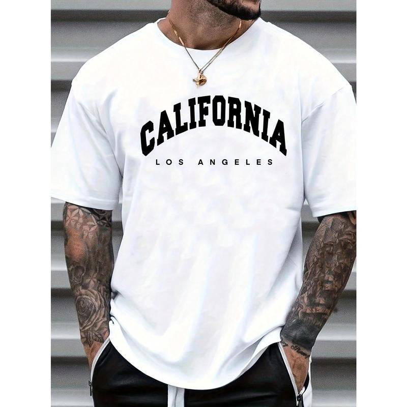 Men's Letter Print Round Neck Short Sleeve T-Shirt made in usa