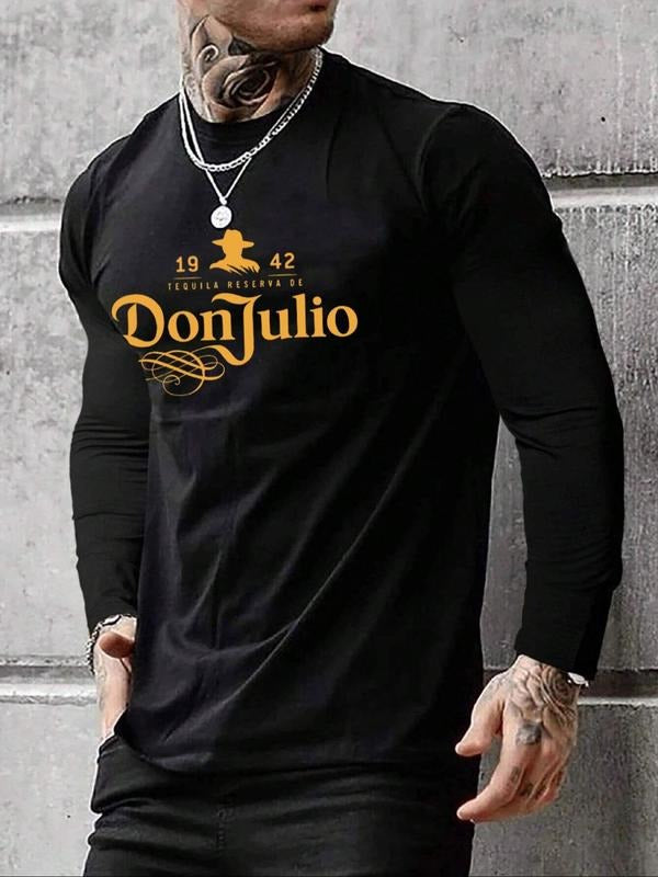 Men's Letter Print Round Neck Tee, Regular Fit Casual Long Sleeve Crew Neck T-Shirt for Spring, Comfort Colors - Menswear, Crewneck