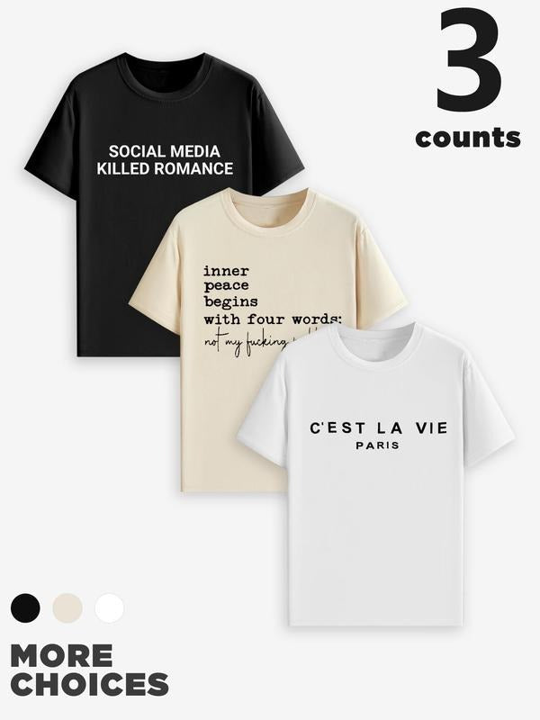 Men's Letter Print Round Neck Tee, Regular Fit Casual Short Sleeve Crew Neck T-shirt for Summer, Fashion Men's Top for Daily Wearstyle{n002}2