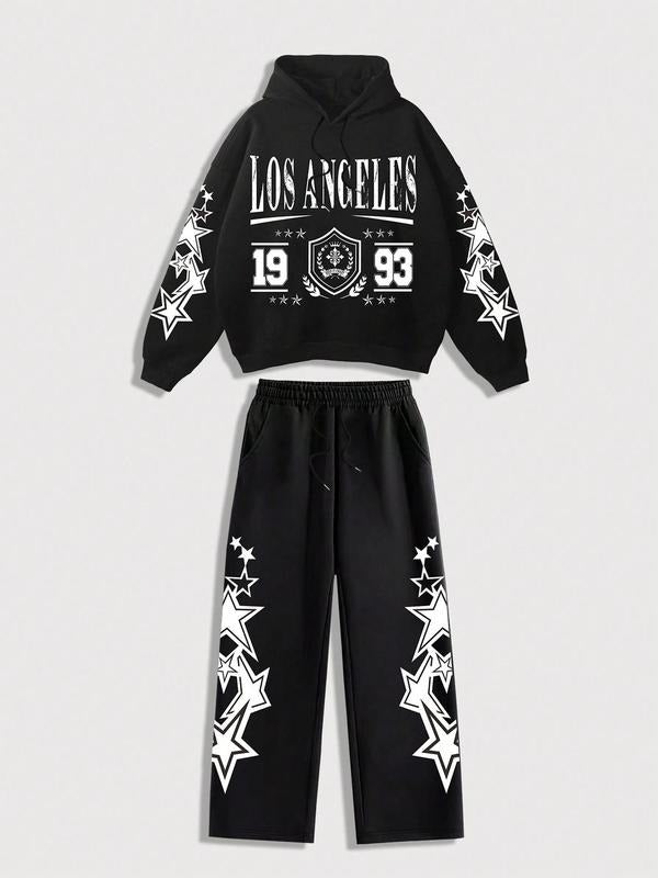 Men's Letter Star Print Drop Shoulder Hoodie & Pocket Pants Two-piece Set, Regular Fit Casual Fashion Cozy Two Piece Outfits for Daily Wear, Men's Clothes for Fall & Winter