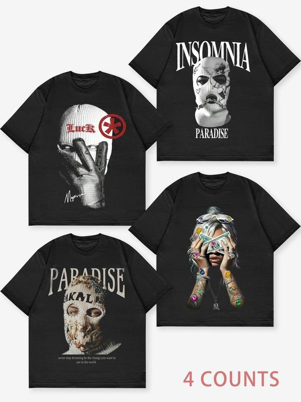 Men's Mask & Letter Print Short Sleeve Tee, Street Fashion Casual Comfy Round Neck T-shirt for Daily Wear, Men's Top for All Seasons