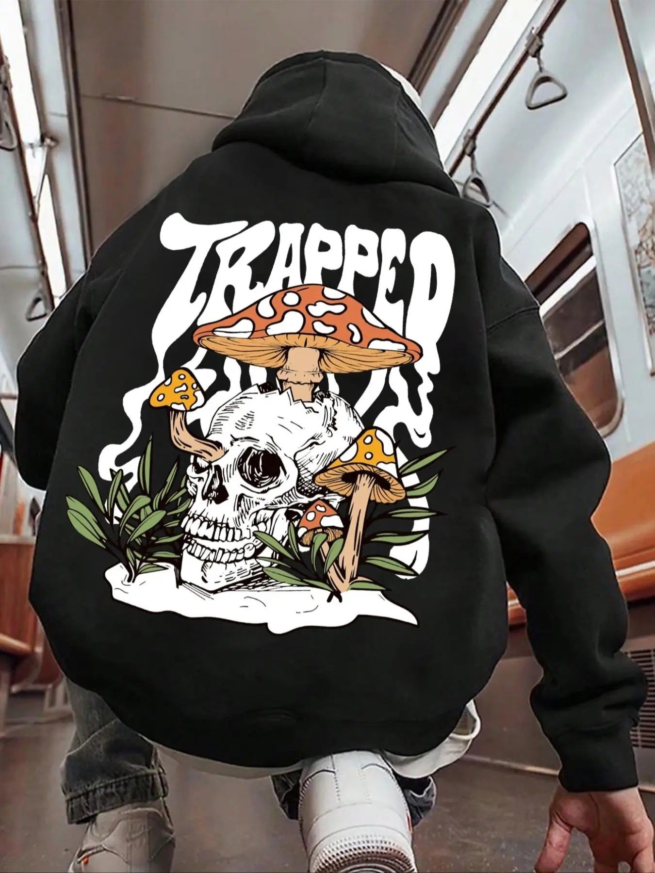 Men's Mushroom & Skull Print Drop Shoulder Hoodie, Fashion Casual Regular Fit Drawstring Hooded Sweatshirt for Daily Holiday Outdoor Wear, Men Clothes for Fall & Winter