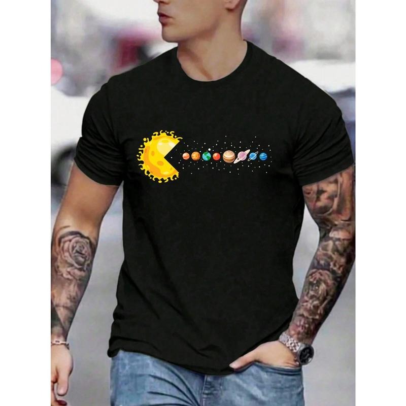 Men's Planet Print Casual Comfortable Short Sleeve T-Shirt, Summer Made in USA