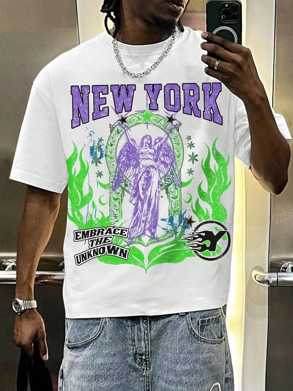 Men's Regular Fit Angel & Letter Print Round Neck Tee, Casual Short Sleeve Crew Neck T-shirt for Daily Wear, Men's Top for Summer, Tropical