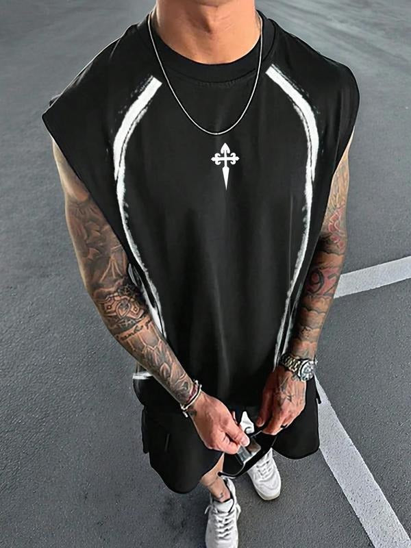 Men's Regular Fit Cross Print Sleeveless Tank Top, Casual Streetwear Muscle Tee for Daily Wear, Menswear for All Seasons...
