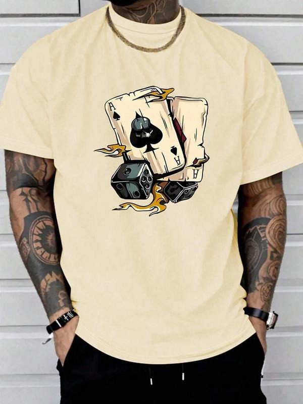 Men's Regular Fit Dice Print Round Neck Tee, Casual Short Sleeve Crew Neck T-shirt for Daily Wear, Men's Top for All Seasons, Tropical