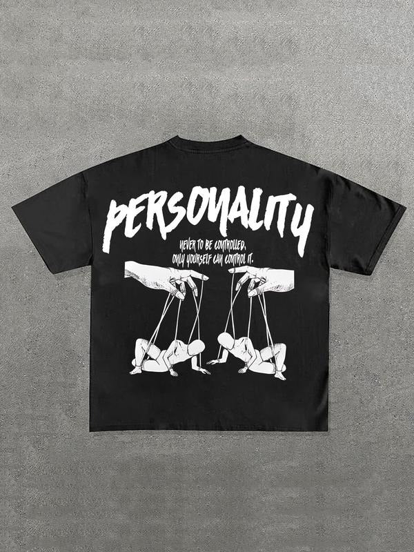 Men's Regular Fit Hand & Letter Print Round Neck Tee, Vintage Trendy Casual Short Sleeve T-shirt for Daily Wear, Men's All Seasons, Top