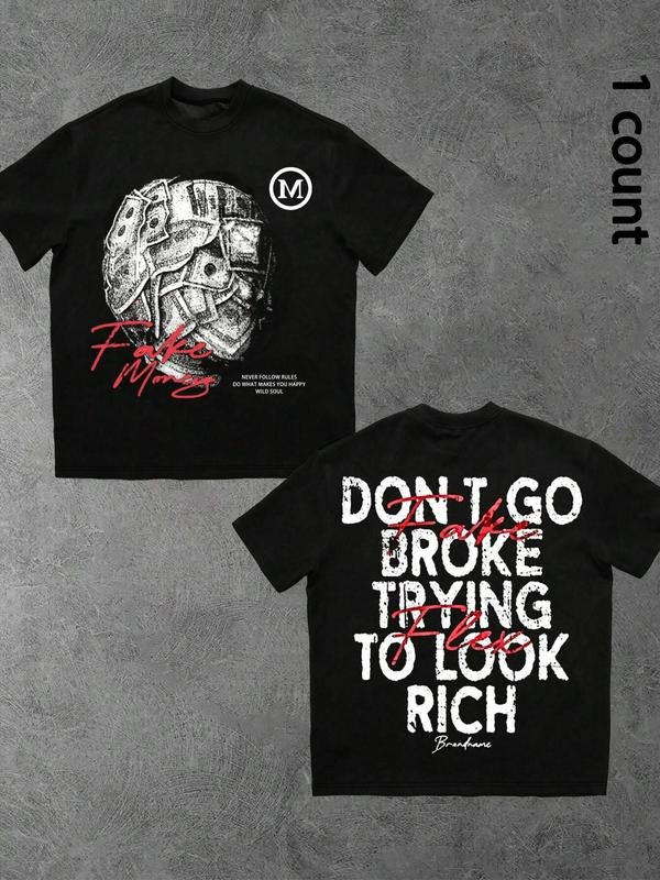 Men's Regular Fit Money & Slogan Print Round Neck Graphic Tee, Casual Short Sleeve Crew Neck T-shirt for Daily Wear, Fashion Men's Top for All Seasons