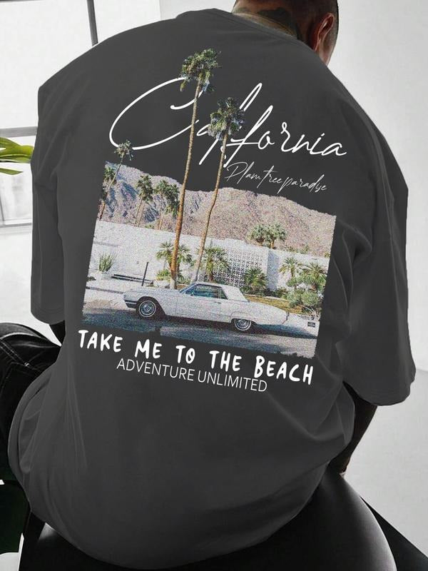 Men's Regular Fit Palm Tree & Letter Print Graphic Tee, Casual Comfy Short Sleeve T-shirt for Summer, Fashion Men's Top for Daily Wear, Crewneck