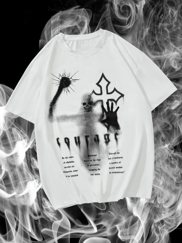 Men's Regular Fit Skull & Cross Print Round Neck Graphic Tee, Casual Short Sleeve Crew Neck T-shirt for Summer, Fashion Men's Top for Daily Wear, Tropical