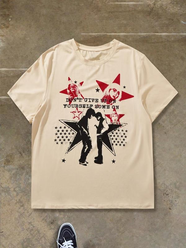 Men's Regular Fit Star & Letter Print Round Neck Tee, Casual Short Sleeve Crew Neck T-Shirt for Summer, Fashion Men's Top for Daily Wear, Tropical