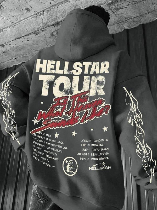 Men's Retro Street Style Letter Graphic Print Drop Shoulder Fuzzy Hoodie, Thermal Warm Regular Fit Street Fashion Drawstring Kangaroo Pocket Hooded Sweatshirt for Daily Holiday Outdoor Wear, Men Clothes for Spring & Fall