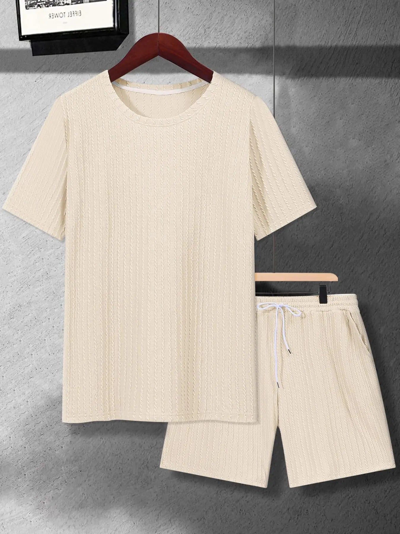Men's Solid Short Sleeve Tee & Drawstring Waist Shorts Set, Regular Fit Casual Round Neck T-shirt & Pocket Shorts,...