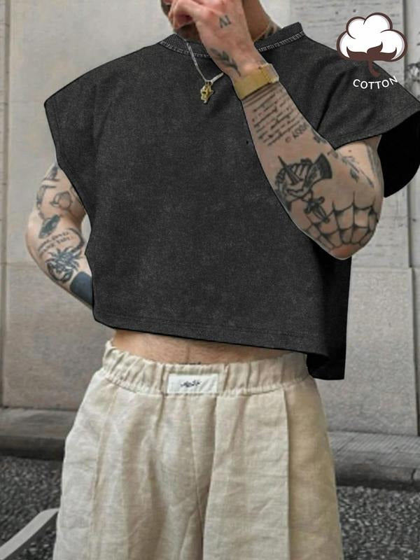 Men's Solid Color Crop Tank Top, Regular Fit Fabric Casual Sleeveless Round Neck Top for Summer, Fashion Men's Basic...