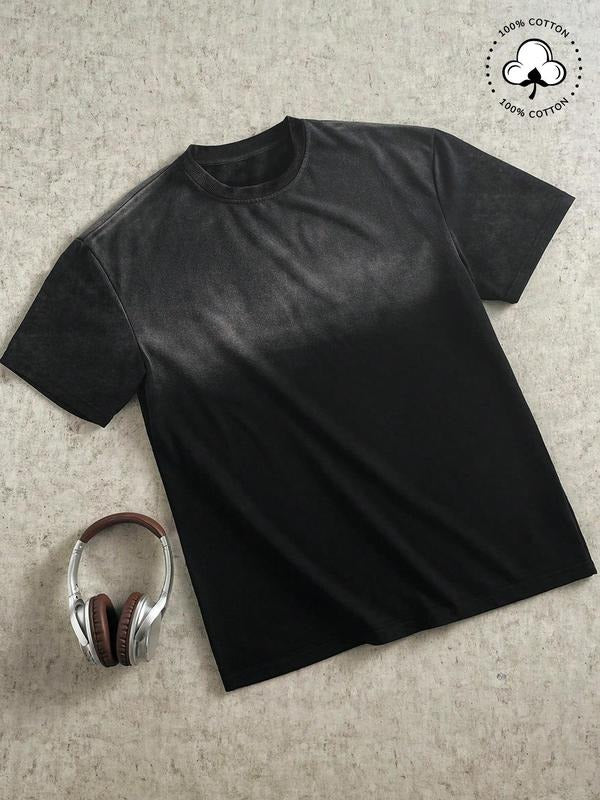 Men's Solid Color Distressed Short Sleeve Graphic Tee, Casual Fashion Round Neck T-shirt for Summer, Men's Top for Daily Wear, Tropical, Cotton