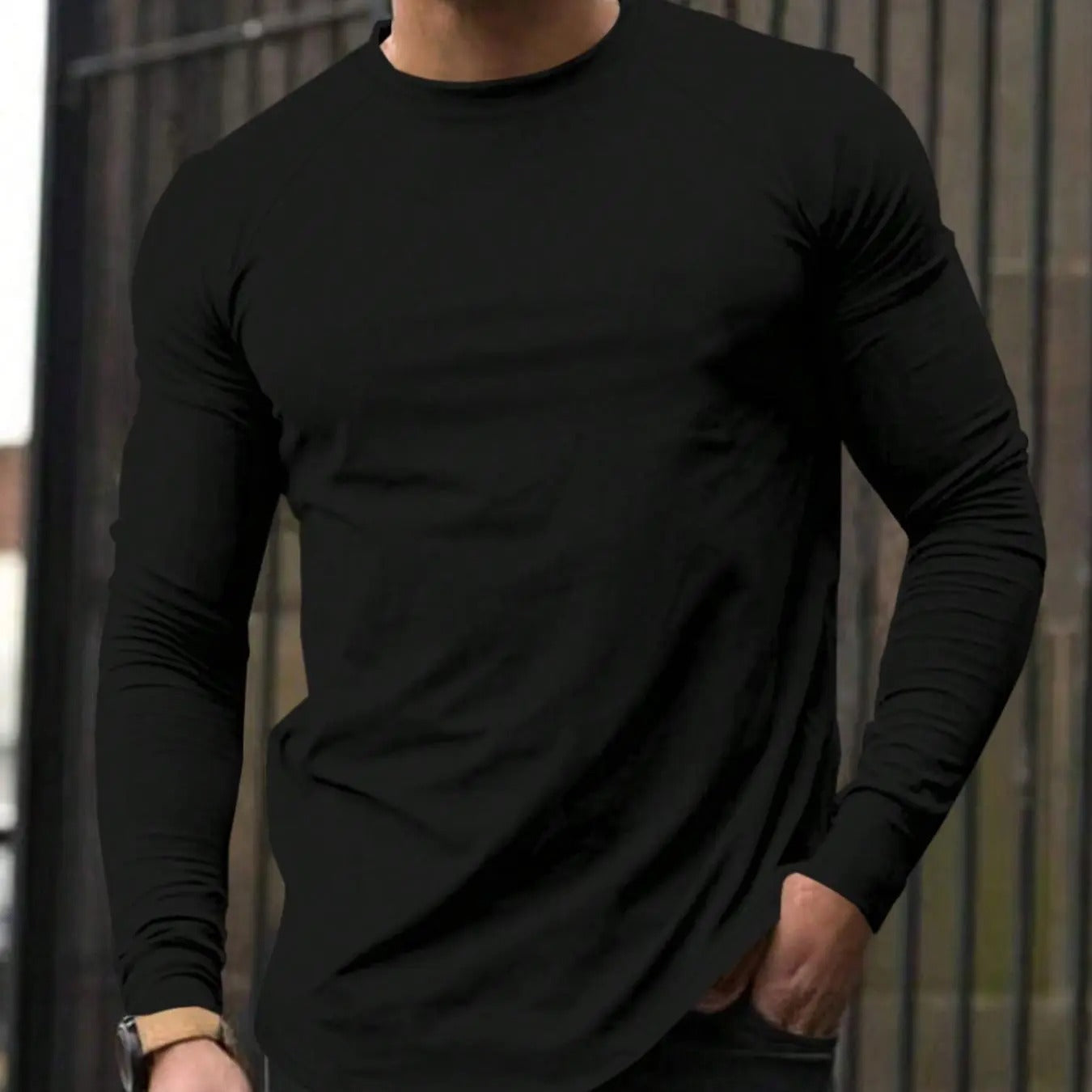 Men's Solid Raglan Sleeve Tee, Regular Fit Casual Comfy Long Sleeve Round Neck T-shirt for Spring & Fall, Men's Top for Daily Wear
