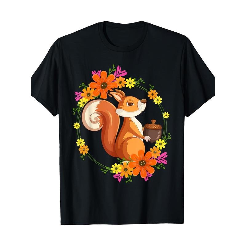 Men's Squirrel & Floral Print T-Shirt - 100% Cotton, Short Sleeve, Crew Neck - Casual Fit for All Seasons Made in USA