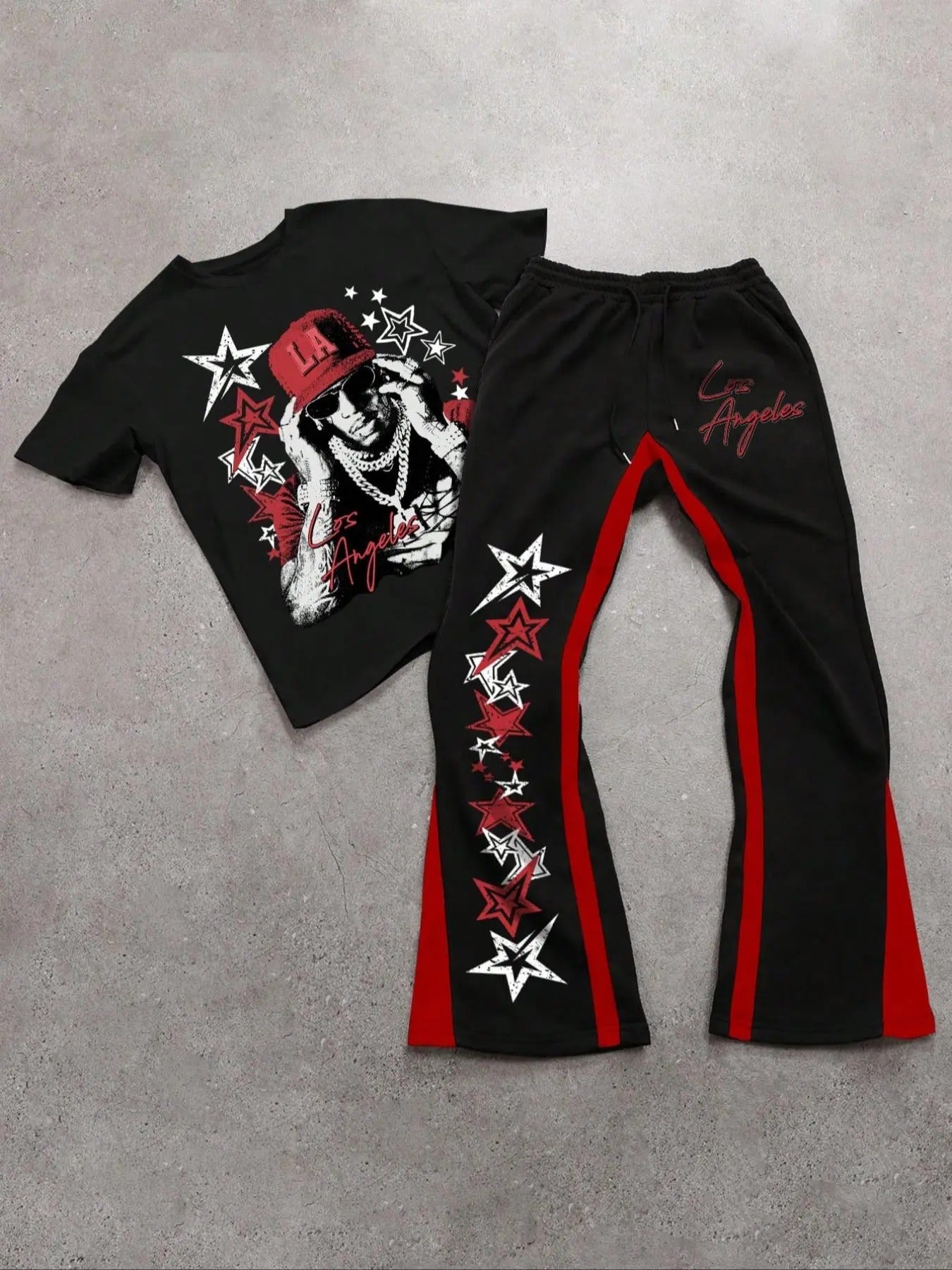 Men's Street Style Graphic Print Crew Neck Crop Tee & Drawstring Waist Pants Two-piece Set, Regular Fit Street Fashion Casual Round Neck Short Sleeve T-shirt & Pocket Flare Leg Trousers for Daily Wear, Men's Outfits for All Seasons