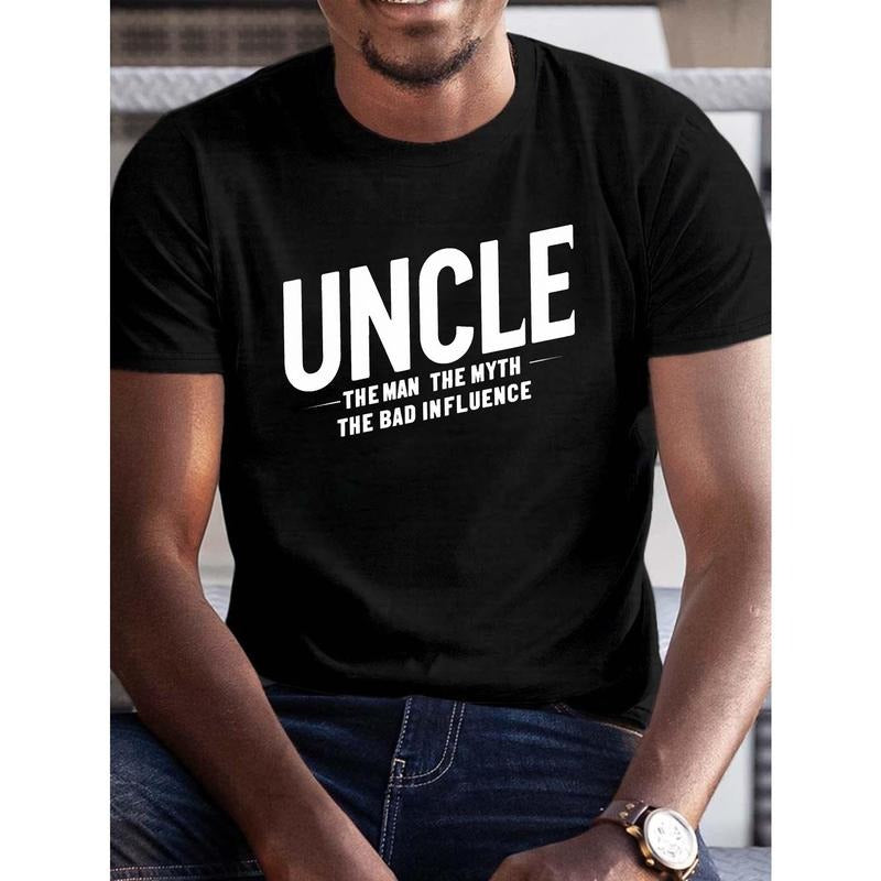 Men's Summer T-Shirt, Casual "UNCLE" Graphic Print, Short Sleeve, Regular Fit, Cotton Knit, Round Neck, Trendy Top for Daily Wear, Big & Tall Sizes Made in USA