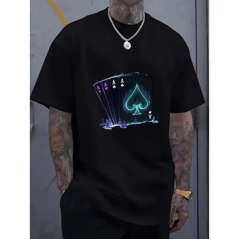 Men's T-Shirt - Comfy Short Sleeve Crew Neck Top with Shining Heart Pattern for Outdoor Fun & Style Made in USA