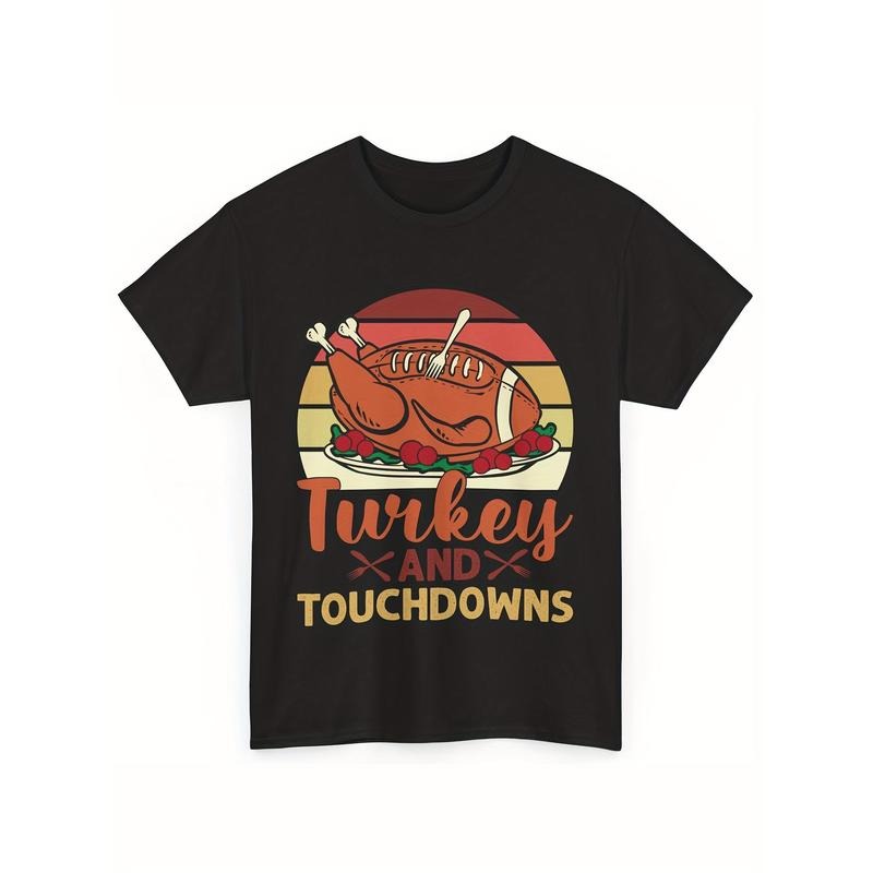 Men's Thanksgiving Turkey & Touchdowns Cotton Tee - Casual Crew Neck, Short Sleeve Shirt for Casual Attire made in usa