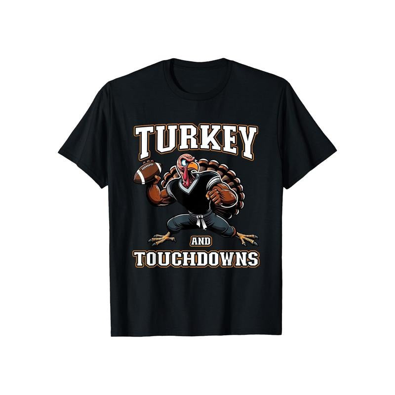 Men's Thanksgiving Turkey & Touchdowns T-Shirt - Casual Cotton, Crew Neck, Short Sleeve Tee for Summer made in usa