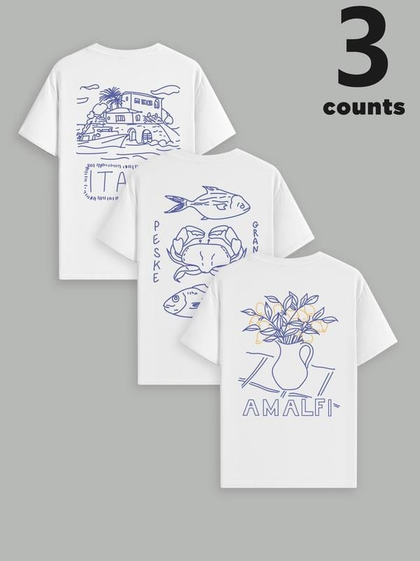 Men's Vintage Graphic Print Round Neck Tee, Regular Fit Casual Short Sleeve T-shirt, Men's Summer Top for Daily Wear, Tropical