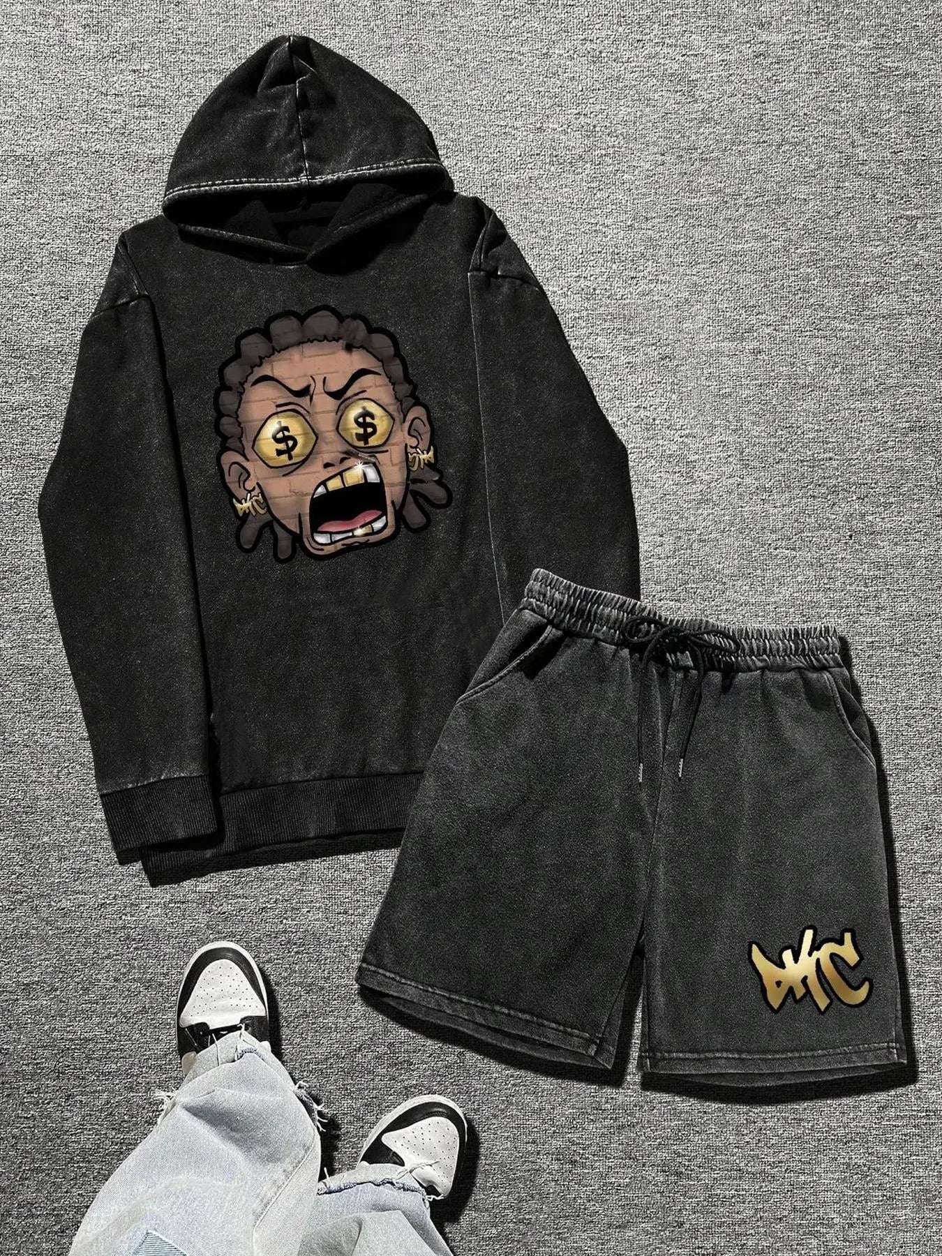 Men's Washed Distressed Cartoon Face Print Hoodie & Letter Print Drawstring Waist Shorts Two-Piece Set, Regular Fit Street Fashion Casual Comfy Long Sleeve Hooded Sweatshirt & Pocket Track Shorts for Daily Outdoor Wear, Men's Clothing for Summer, Cotton