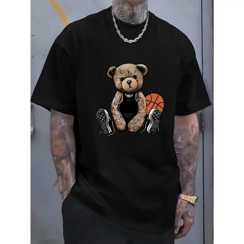 Men's cotton T-shirt with cool bear and basketball prints, casual short sleeved round neck T-shirt, soft and comfortable top, street fashion made in usa