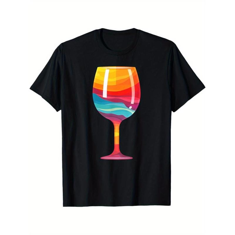 Men's cotton printed T-shirt with wine pattern, casual short-sleeved round neck game T-shirt, men's outdoor T-shirt Made in USA