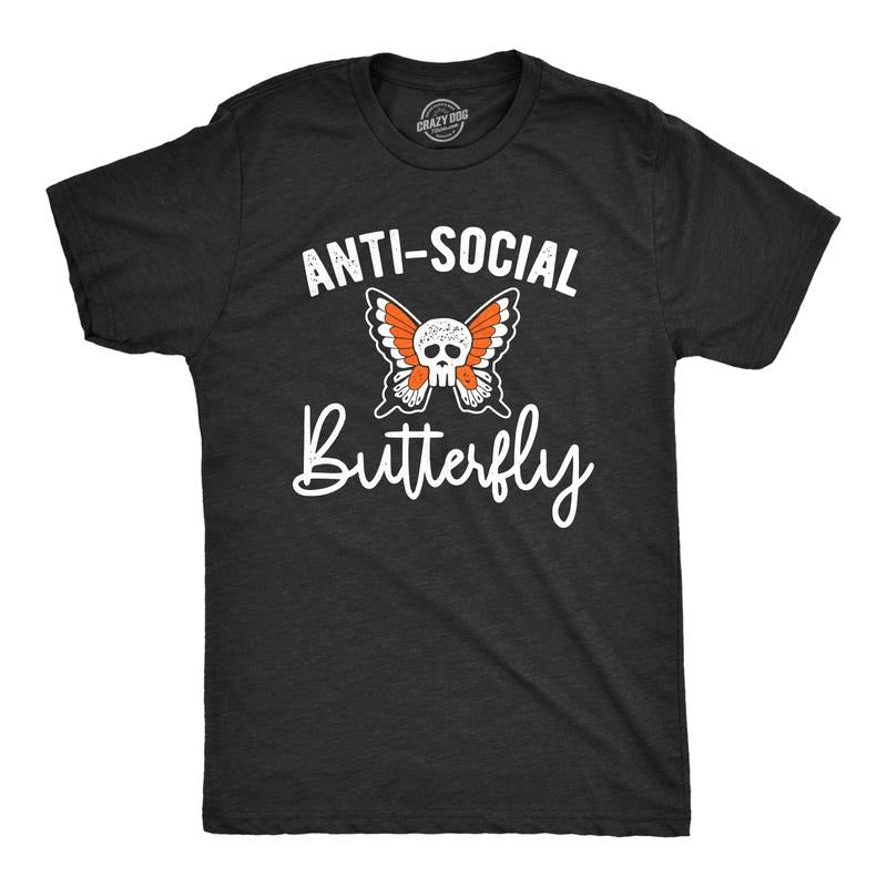 Mens Anti Social Butterfly T Shirt Funny Sarcastic T-shirt Offensive Skull Graphic Cool Tee Mens Funny T Shirts Cool Tees Soft Stylish Casual Menswear Sarcastic Apparel for Men Funny Introvert Short Black