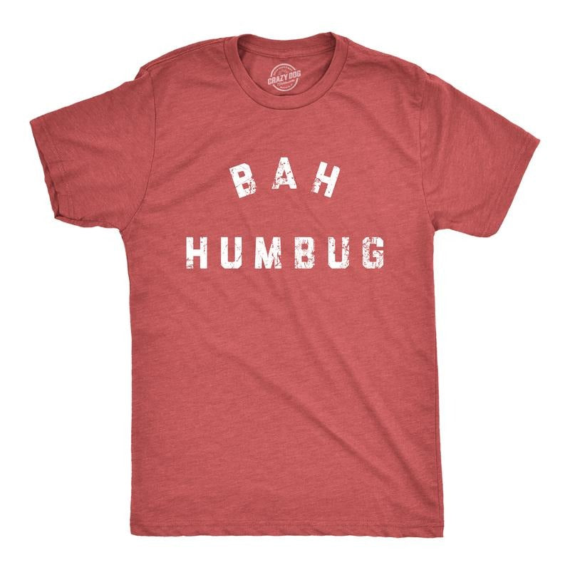Mens Bah Humbug T Shirt Funny Ebeneezer Scrooge Xmas Party Tee for Guys Mens Funny T Shirts Cool Tees Soft Stylish Casual Menswear Red - Bah