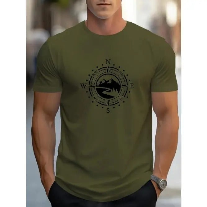 Mens Compass Print T-Shirt - Ultra-Soft & Quick-Dry, Short Sleeve Summer Sports Tee - Stylish Design for Outdoor Adventures & Everyday Wear Made in USA