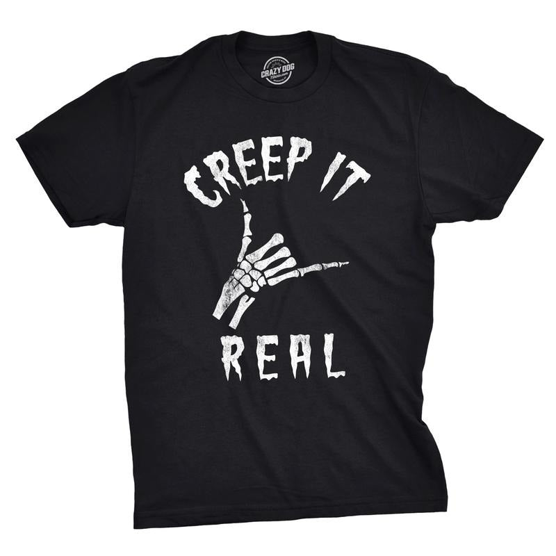 Mens Creep It Real T Shirt Funny Skeleton Halloween Shaka Tee Mens Funny T Shirts Cool Tees Soft Stylish Casual Menswear Halloween Apparel for Men Novelty Tees for Guys Black