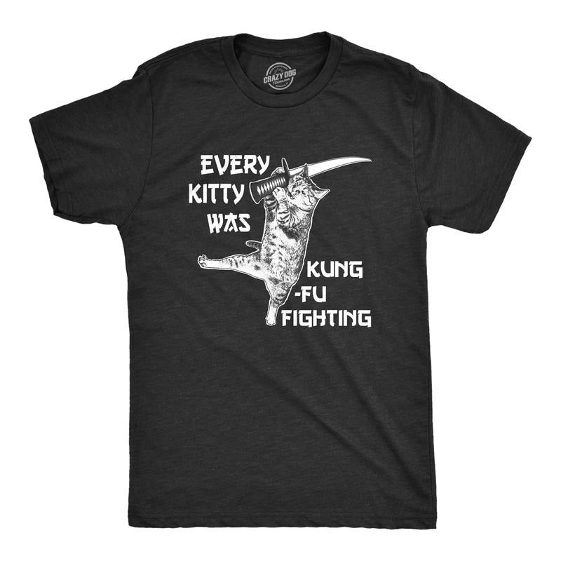 Mens Every Kitty Was Kung Fu Fighting Funny Kitten Cat Sword Music T shirt Mens Funny T Shirts Cool Tees Soft Stylish Casual Menswear Cat Apparel for Men Funny Music Short Sleeve Novelty Tees for Guys Black