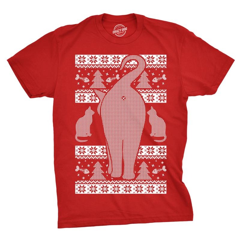 Mens Festive Cat Butt Ugly Christmas Sweater T Shirt Funny Holiday Novelty Top Mens Funny T Shirts Cool Tees Soft Stylish Casual Menswear Christmas Apparel for Men Funny Ugly Sweater Short Sleeve Red